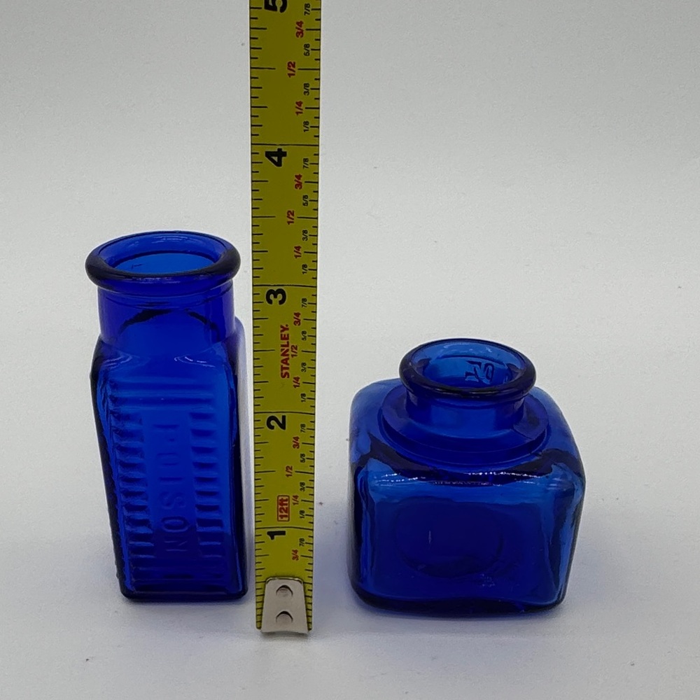 Vintage Cobalt Blue Glass Bottles Poison & Ink Well Pair - Picture 7 of 7